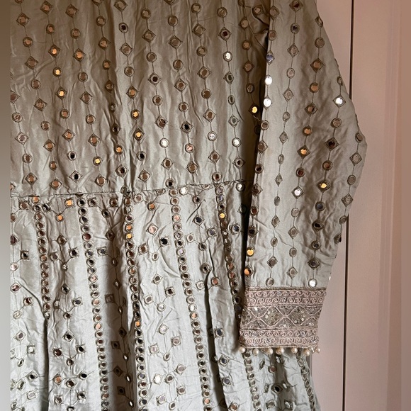 Pakistani designer Sage Green Mirror Work Anarkali with Dupatta Size M - Picture 4 of 5